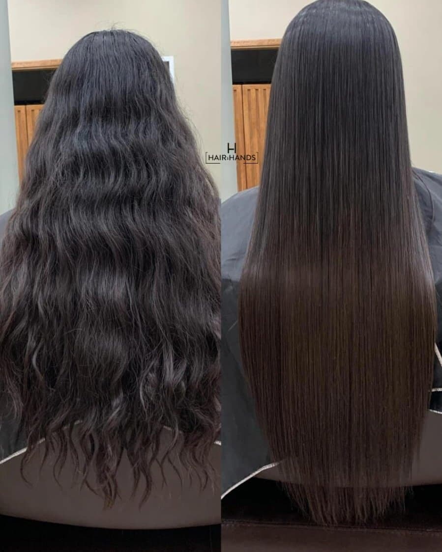 Before and after an organic hair straightening: long dark hair, first wavy and frizzy, then straight and glossy