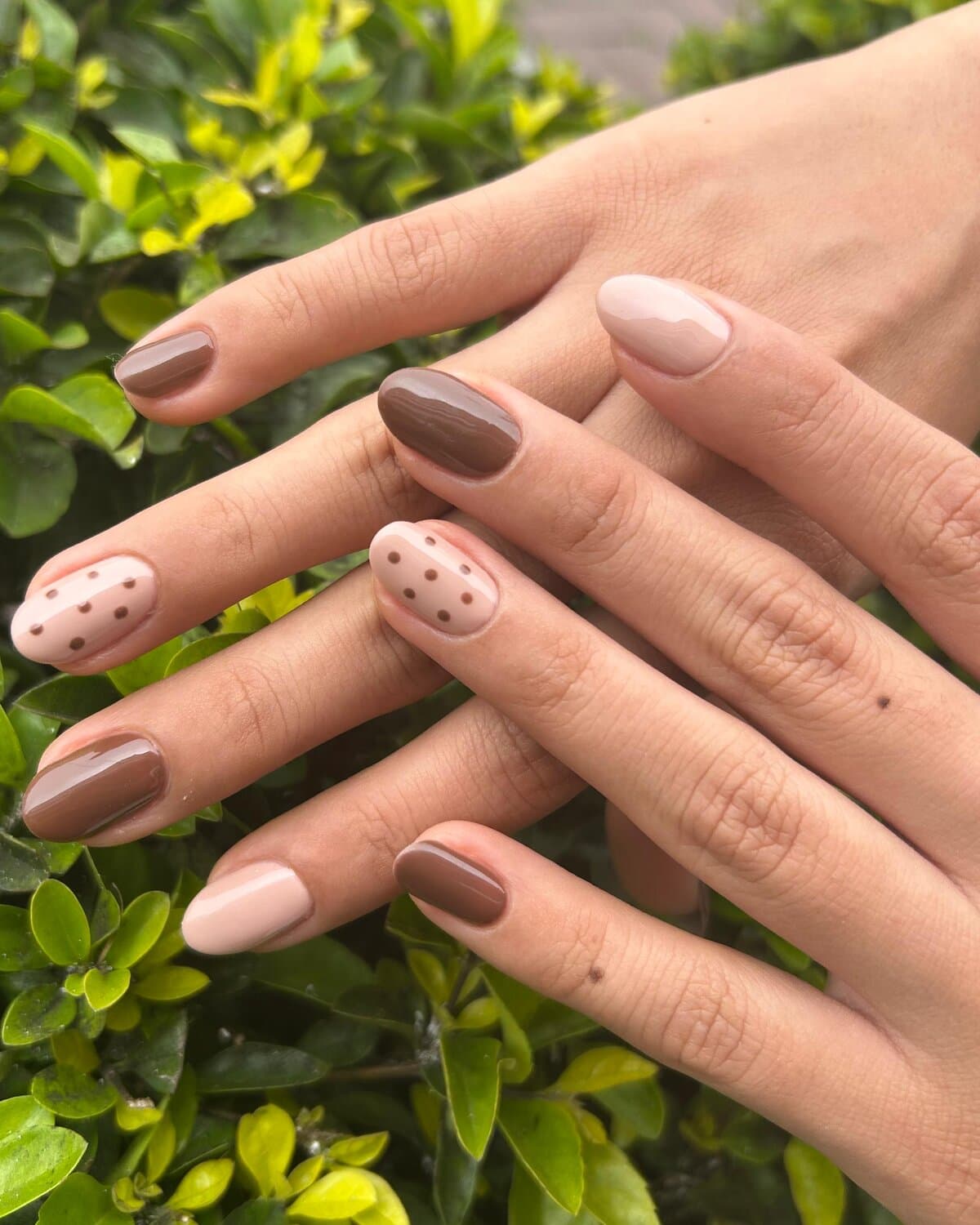 Short nails in nude and brown with polka dots, done by the Hair & Hands team